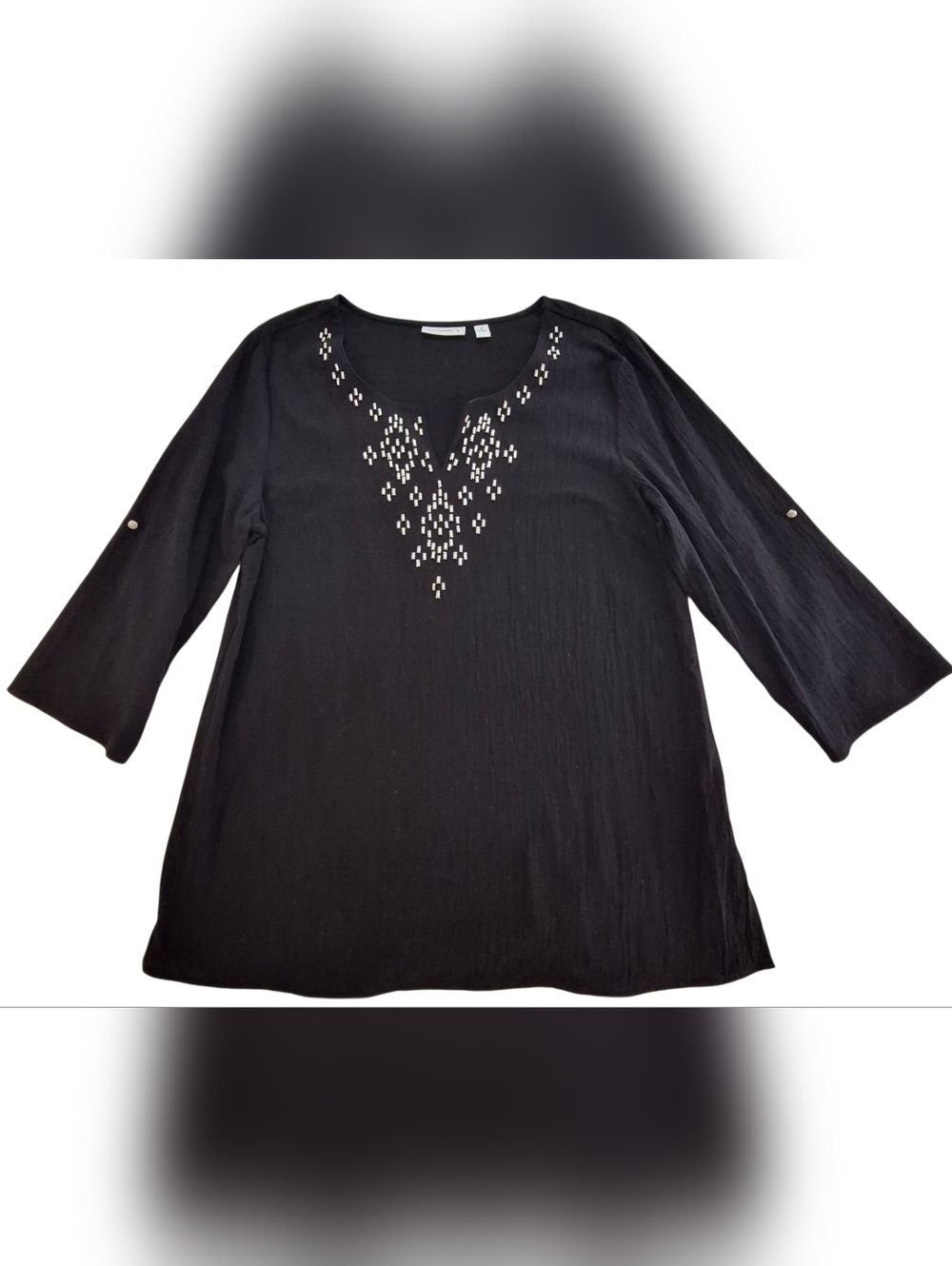 Susan Graver Black Tunic Top Embellished Roll Tab relaxed Side Slit Blouse M